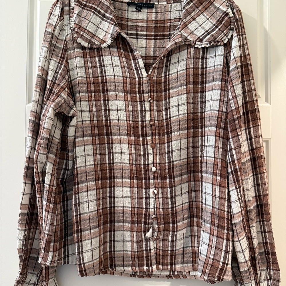 Plaid Button-Front Shirt in Brown and Cream
